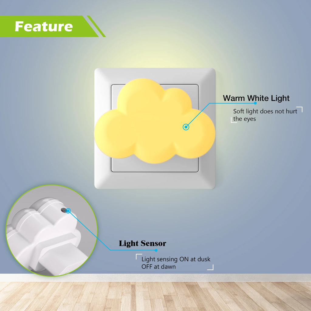 LED Light Sensor Night Lights Plug in Auto on/Off Cloud Shape Night Lights for Kids Bedroom Stair Hallway Bedhead Night Lamps