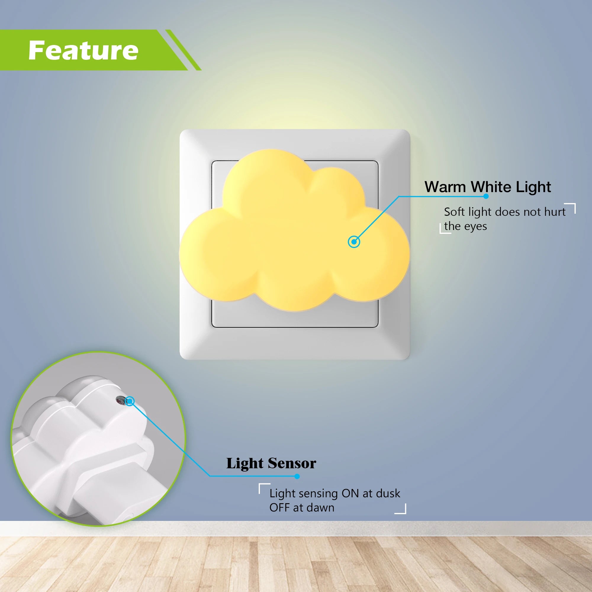 LED Light Sensor Night Lights Plug in Auto on/Off Cloud Shape Night Lights for Kids Bedroom Stair Hallway Bedhead Night Lamps