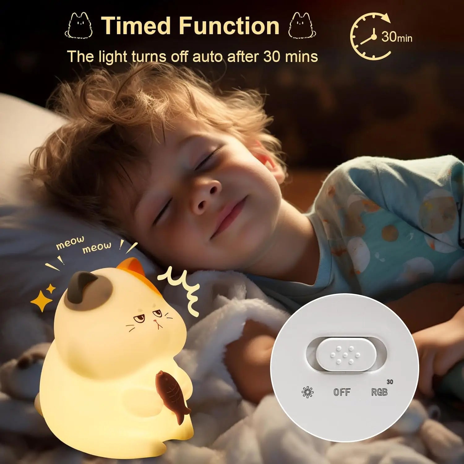 Gourmand Cat Night Light,Ambient Pat-Pat Lamp,Rechargeable,Timer,Ideal for Home Decor,Perfect Gift Choice